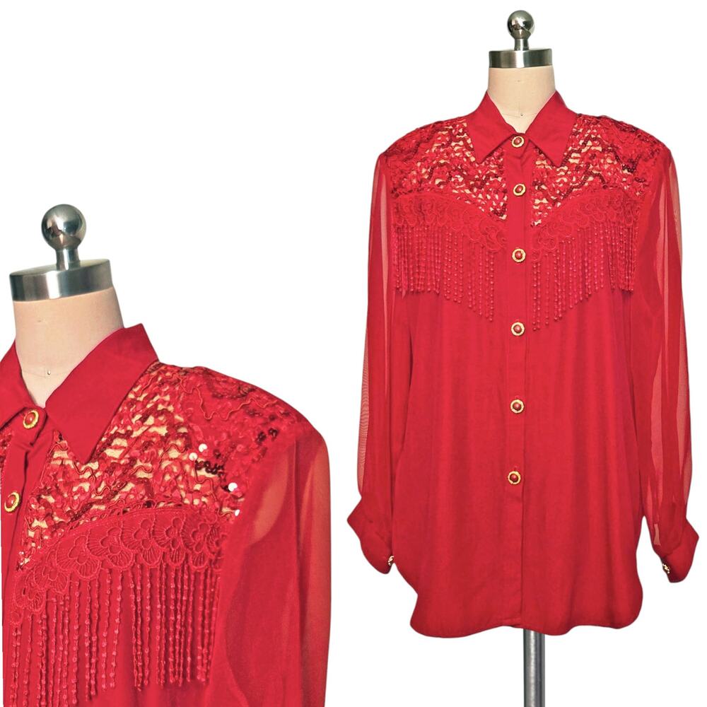 Vintage 80's  90's  JENNIFER Red Sequins Fringe Applique Button Up Shirt XL